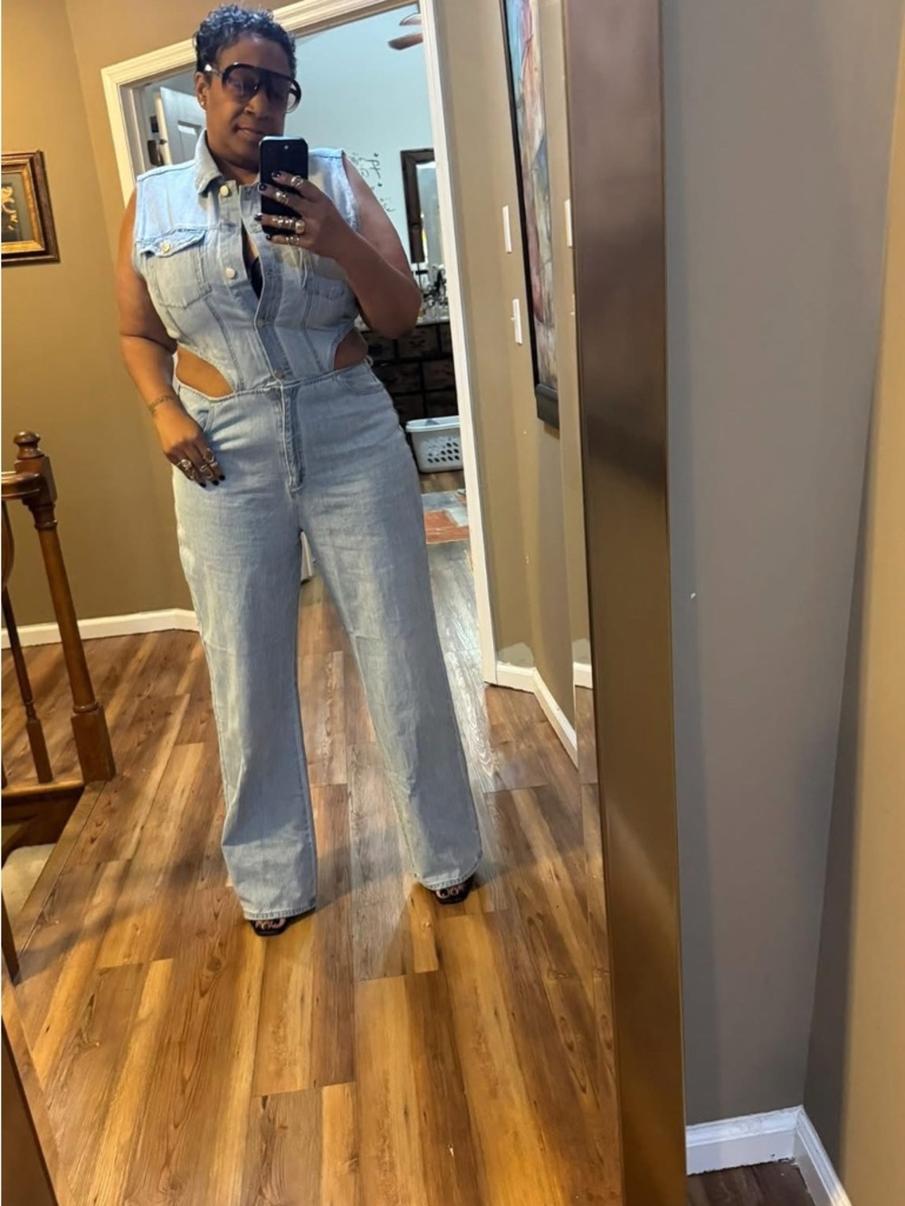 Sleeveless Cutout Light Blue Women's Denim Jumpsuit